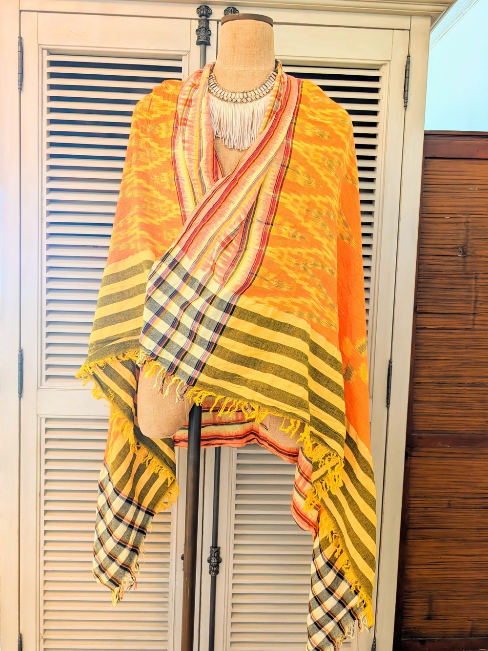 Boho Fringe Orange Plaid Wrap Shawl